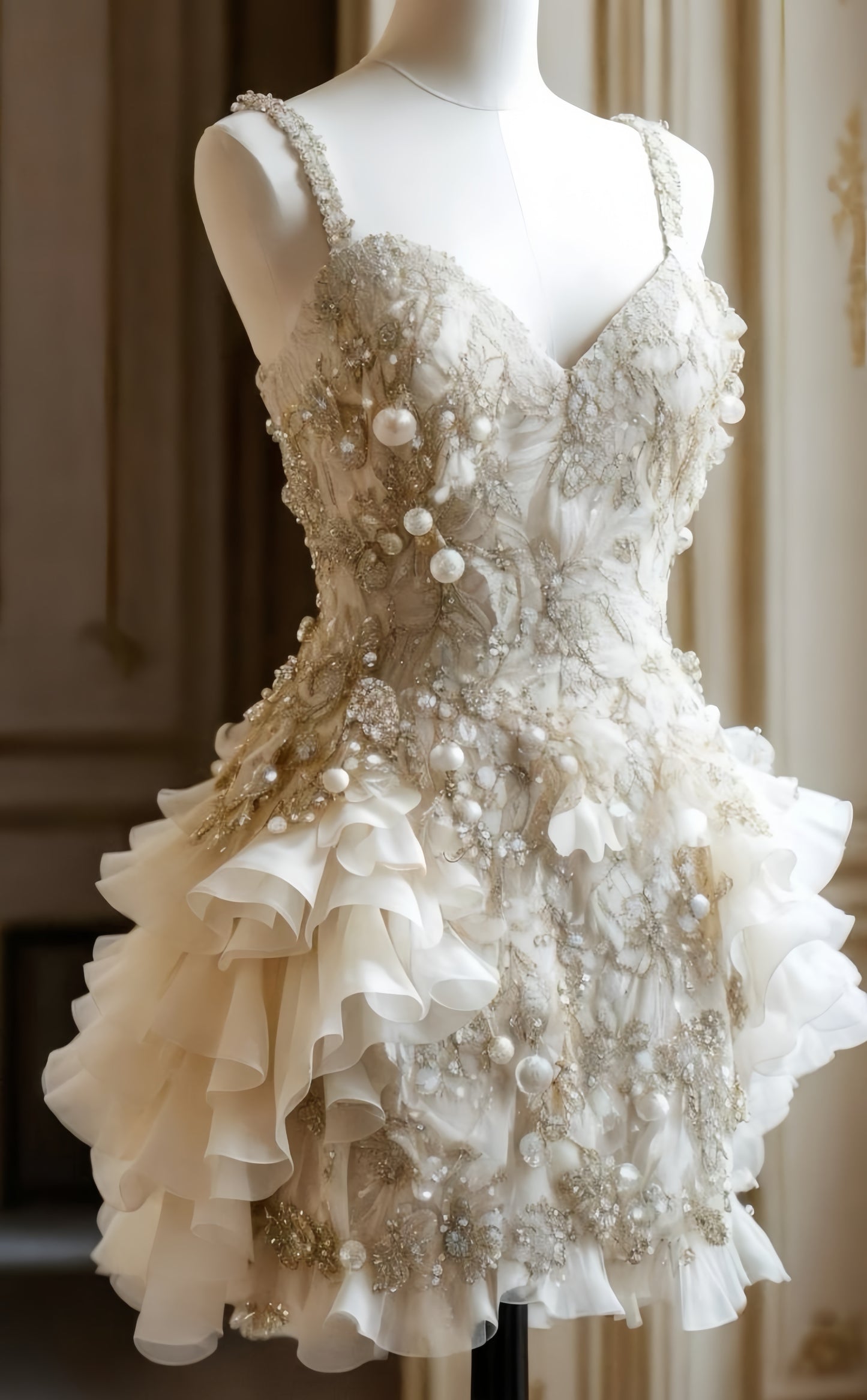 Luxury Pearl Ruffle Short Wedding Dress, Vintage Mini Prom Dress, LTP3430