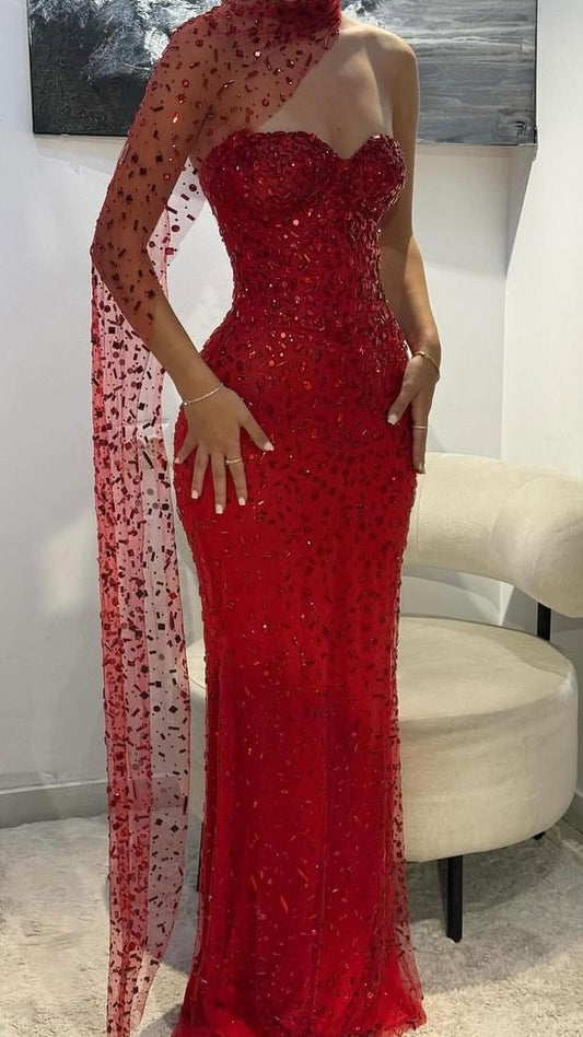 Luxury Red Gem Beaded Mermaid Prom Dresses Sweetheart Evening Formal Dress,LTP4448