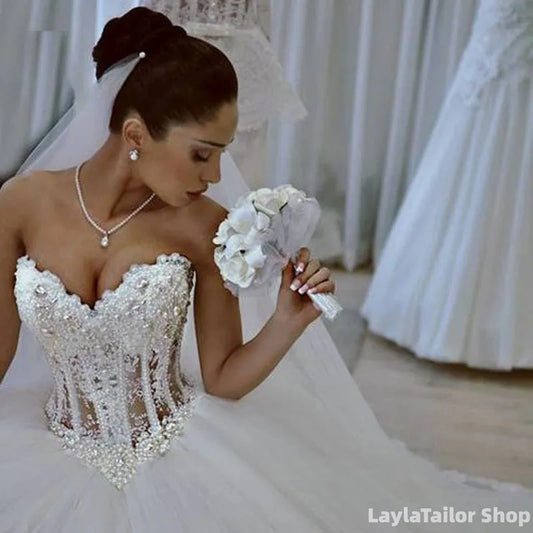 Luxury White Tulle Wedding Dresses Pearl Beaded Sweetheart Bridal Gown