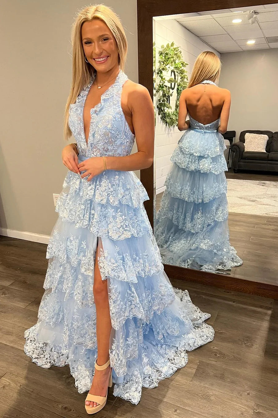 Halter Neck Light Blue Lace Ruffle Prom Dress