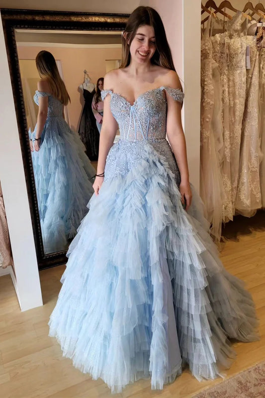 Light Blue Off The Shoulder Prom Dress With Ruffle Skirt
