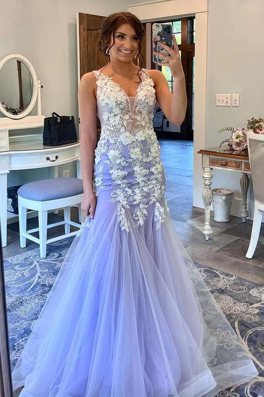 Mermaid Applique V-neck Tulle Long Prom Dress