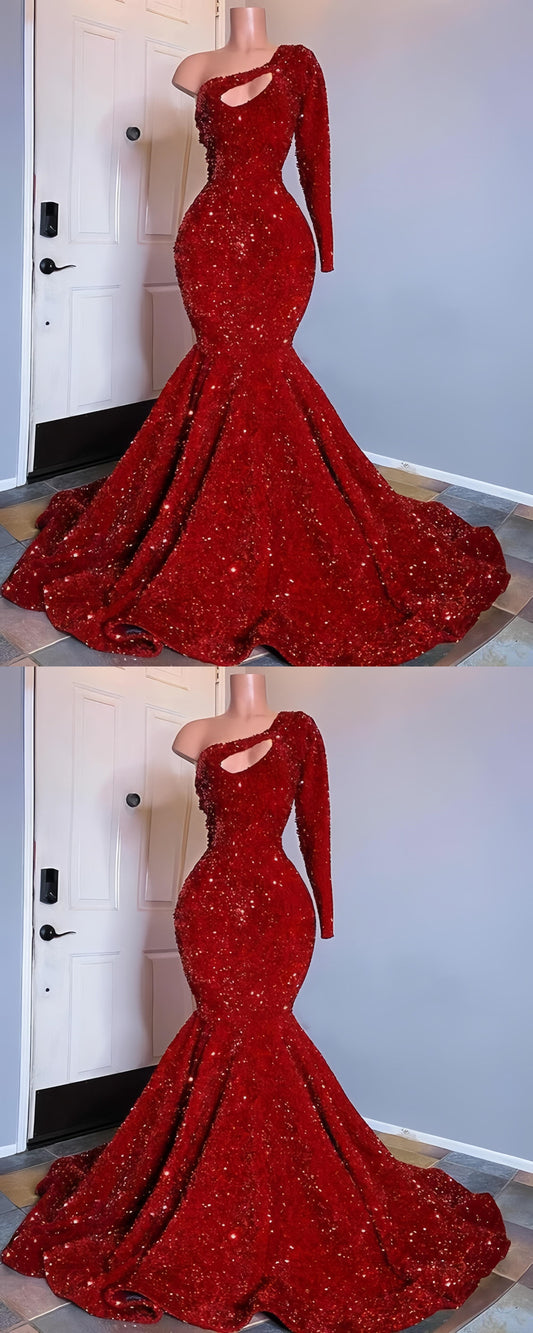 Mermaid Red Sequin Prom Dresses Trumpet One Sleeve Evening Party Dress,LTP4062
