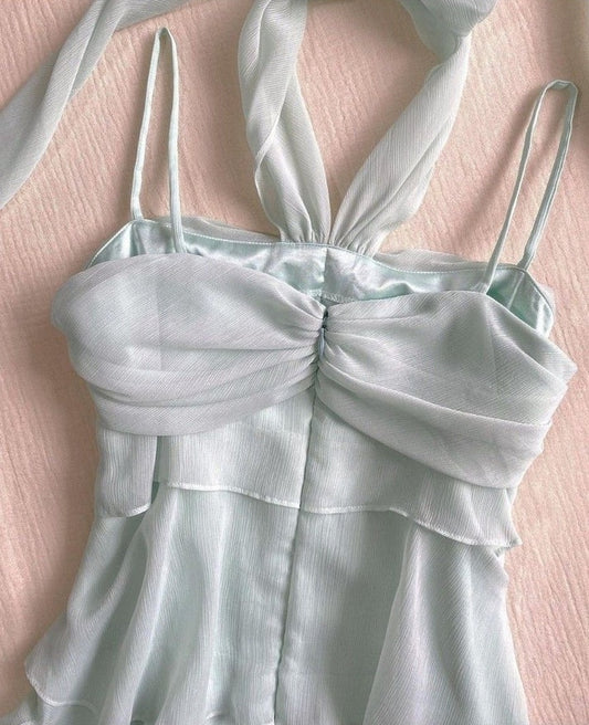 Mint Green Tie Halter Homecoming Dresses Tiered Ruched Chiffon Party Dress,LTP3857
