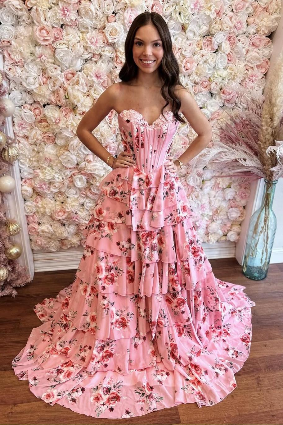 Mint Green Watercolor Floral Strapless Prom Dress with Sweetheart Tiered Chiffon Train