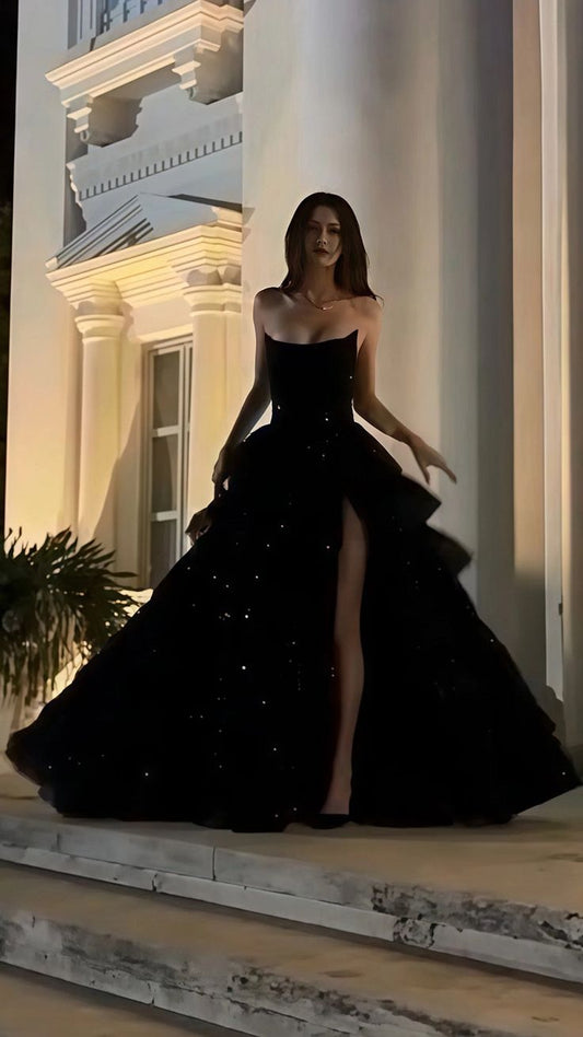 Modern Black Sequin Long Prom Dresses Ruffle Evening Party Dress,LTP4053
