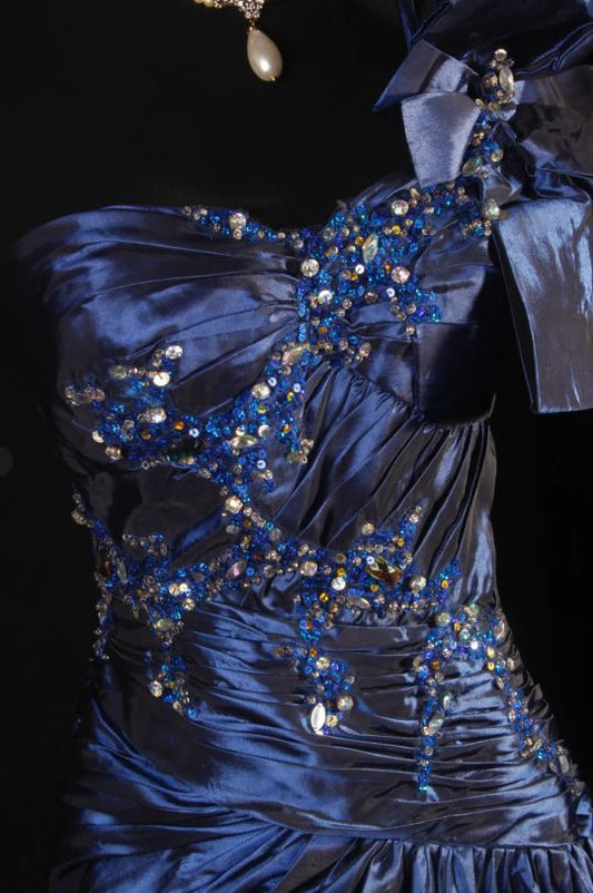 Navy Blue A-Line Prom Dresses Satin One Shoulder Beaded Evening Party Dress,LTP4344