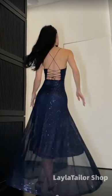 Navy Blue Sequin Prom Dresses With Slit,LTP4537