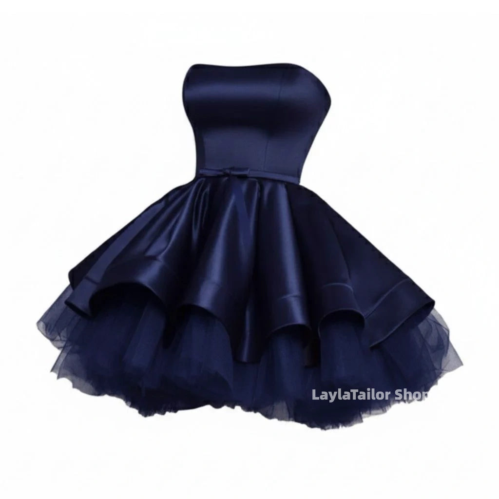Navy Blue Strapless A-Line Satin Tulle Homecoming Dresses