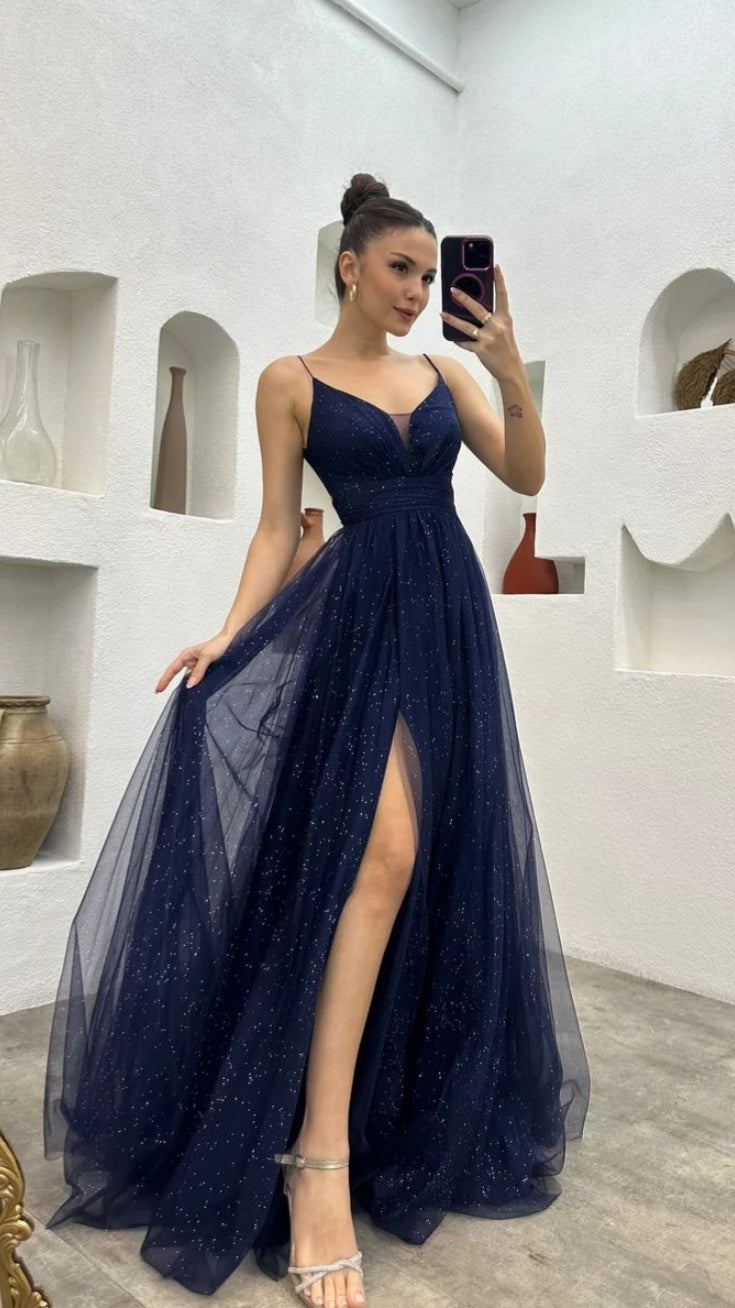Navy Blue Tulle A-Line Party Dress, Spaghetti Straps Prom Dress With Side Slit, LTP3731