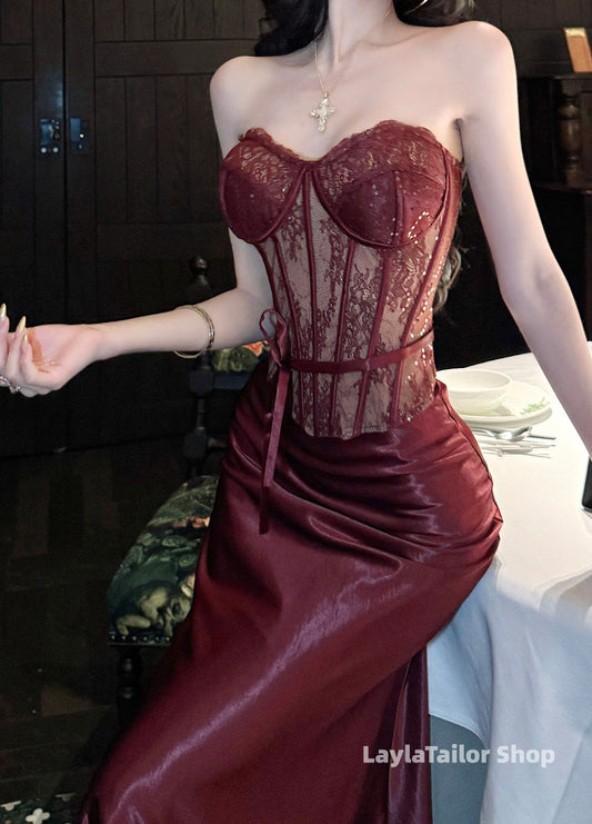 New Styles Burgundy Lace Senior Prom Dresses Bodycon 2 Pieces Evening Party Dress, LTP3605
