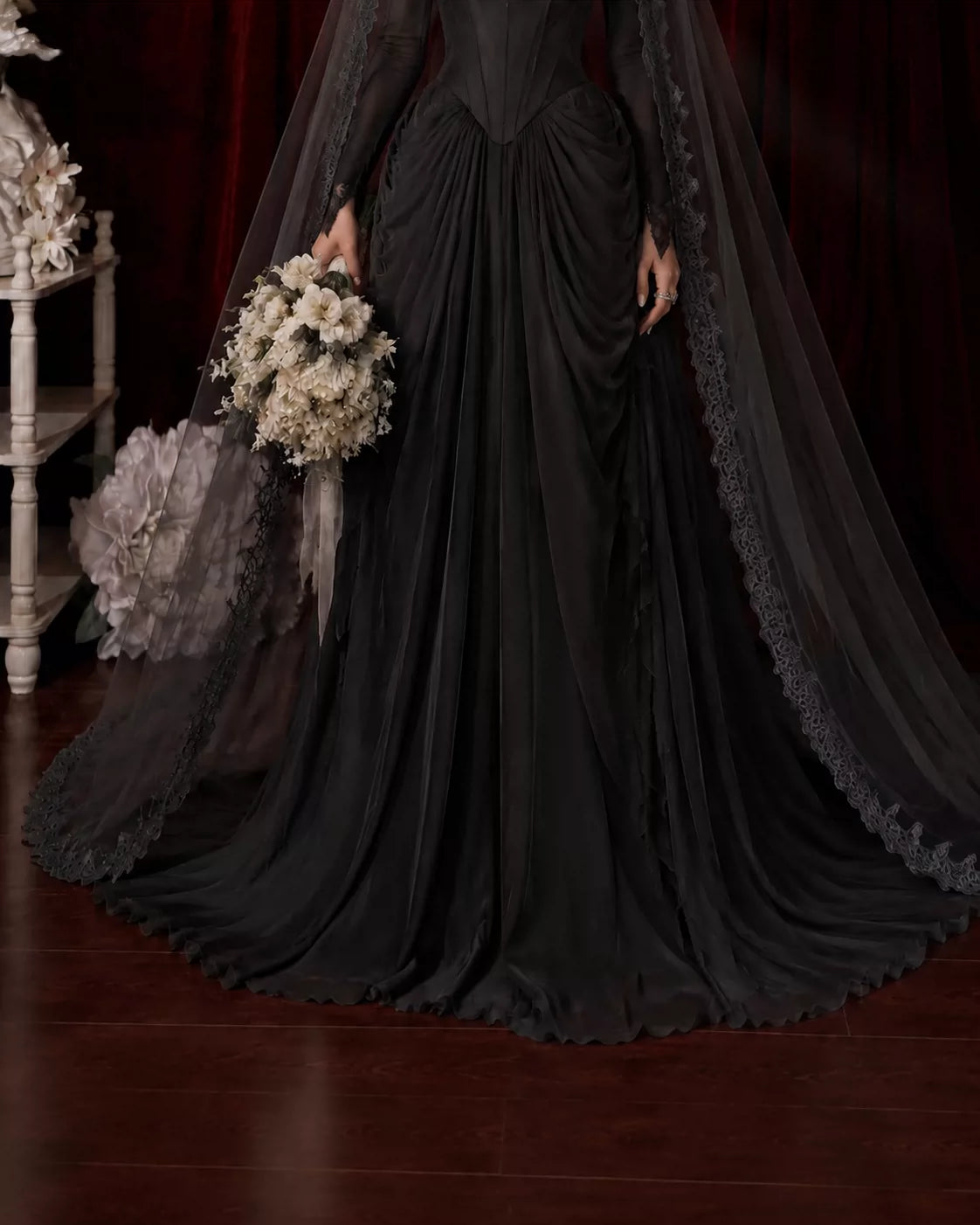 Drop waist wedding dress corset, Black Gothic vintage wedding dress, bride's gown with a large train
