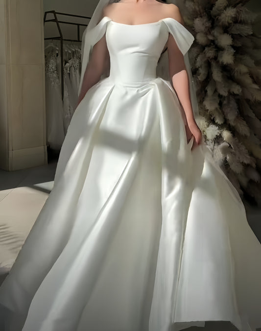 Off The Shoulder A-line White Wedding Dresses Satin Simple Bridal Dress,LTP3813