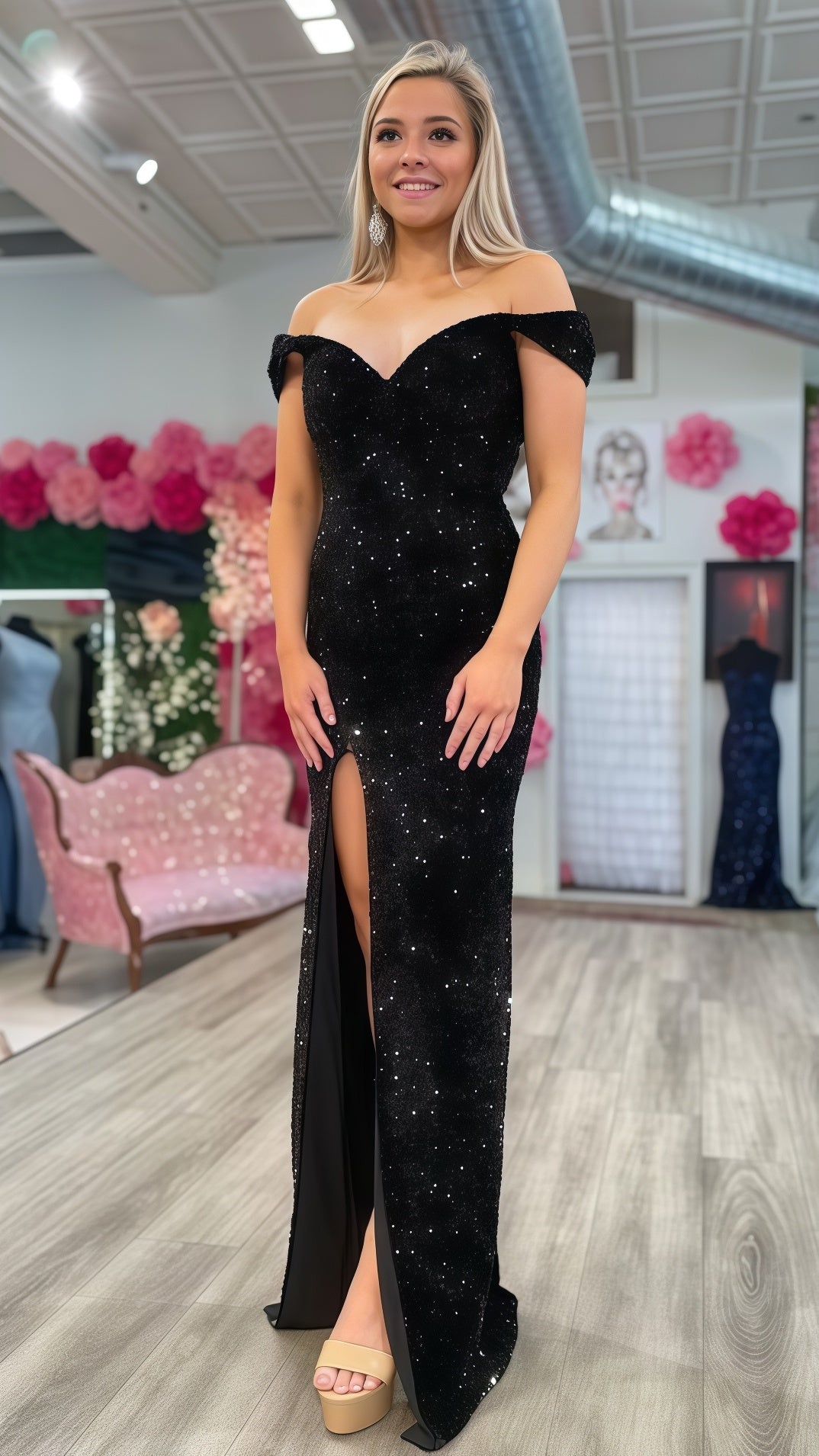 Off The Shoulder Black Sequin Prom Dress, LTP3730