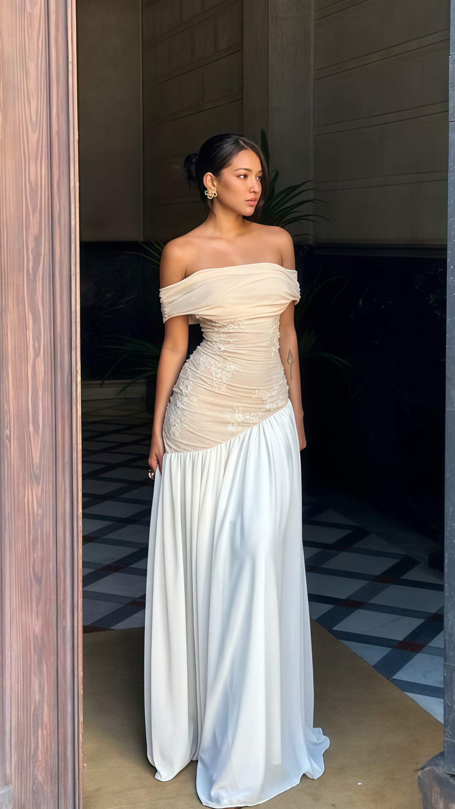 Off The Shoulder Champagne White Chiffon Party Dress, LTP3499