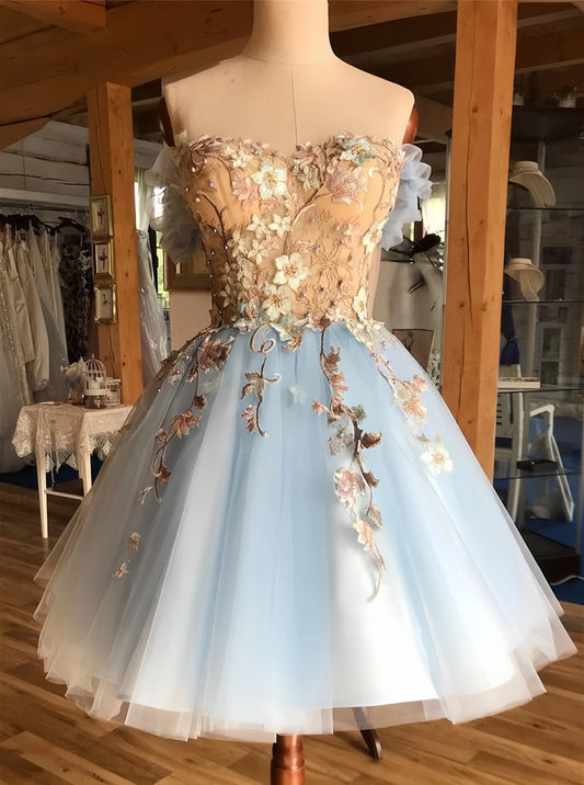 Off The Shoulder Floral Appliques Homecoming Dresses Light Blue Mini Party Dress,LTP4019