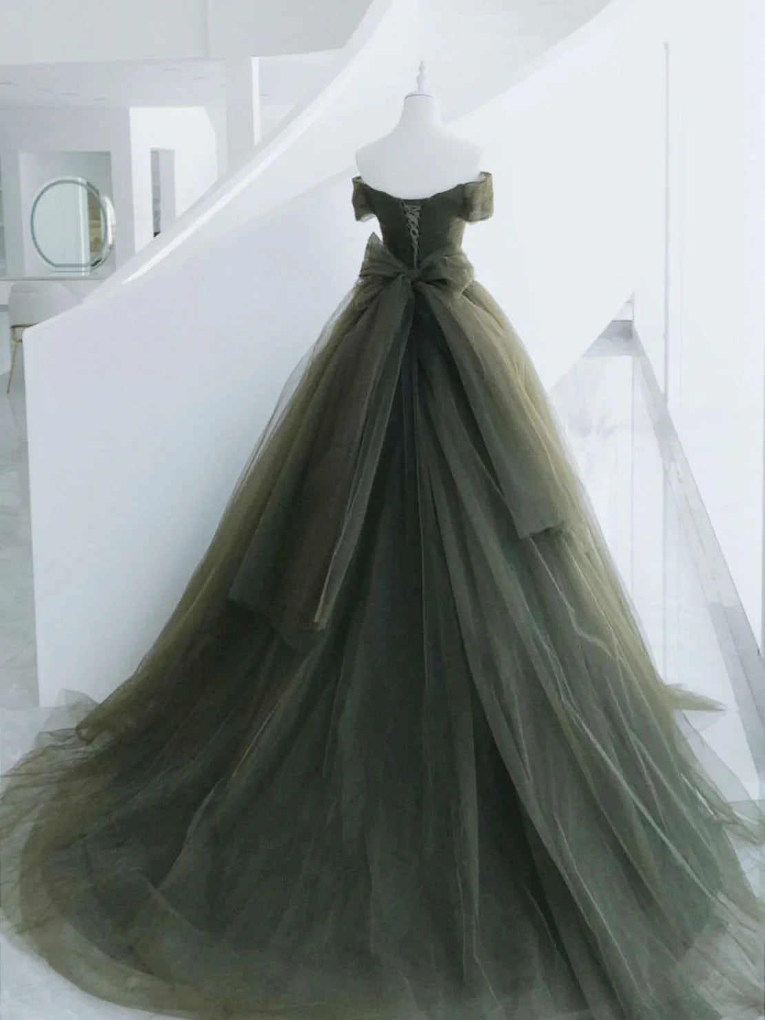 Off The Shoulder Green Tulle Ball Gown A-line Prom Evening Dress,LTP4213