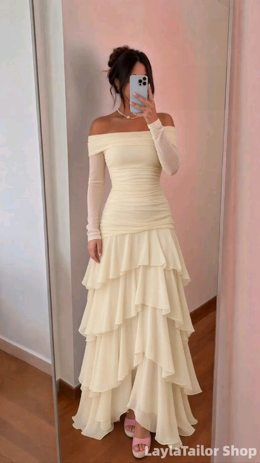 Off The Shoulder Ivory Chiffon Ruffle Prom Dresses, LTP82765