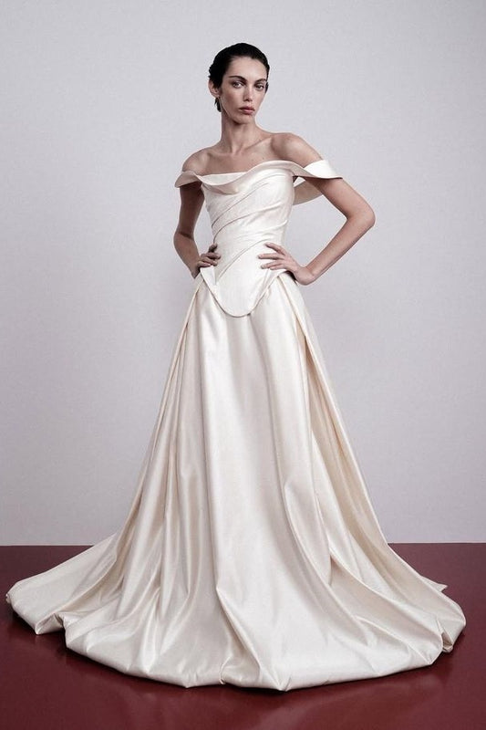 Off The Shoulder Ivory Wedding Dresses A-line Pleated Bridal Dress,LTP3807