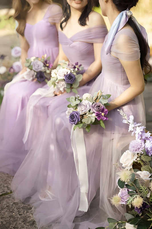 Off The Shoulder Lilac Tulle Party Dress, Pleated Long Bridesmaid Dress,LTP3680