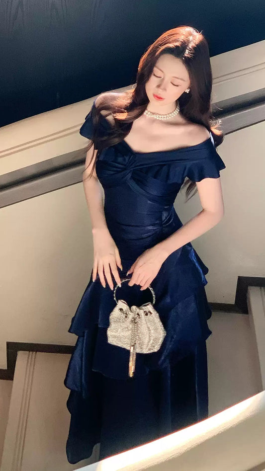 Off The Shoulder Navy Blue Prom Dresses Ruffle School Event Dress Women Formal Gown,LTP4387