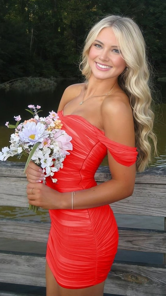 Off The Shoulder Pleated Bodycon Homecoming Dresses Custom Made Prom Dress, LTP3943
