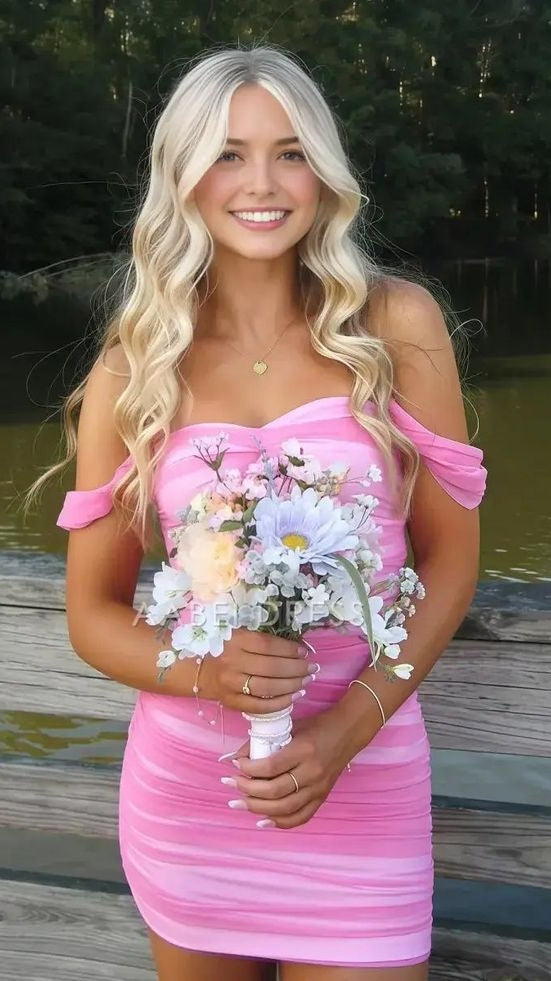 Off The Shoulder Pleated Bodycon Homecoming Dresses Custom Made Prom Dress, LTP3943