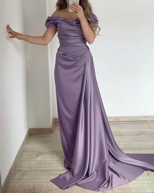 Off The Shoulder Pleated Satin Purple Long Prom Dress