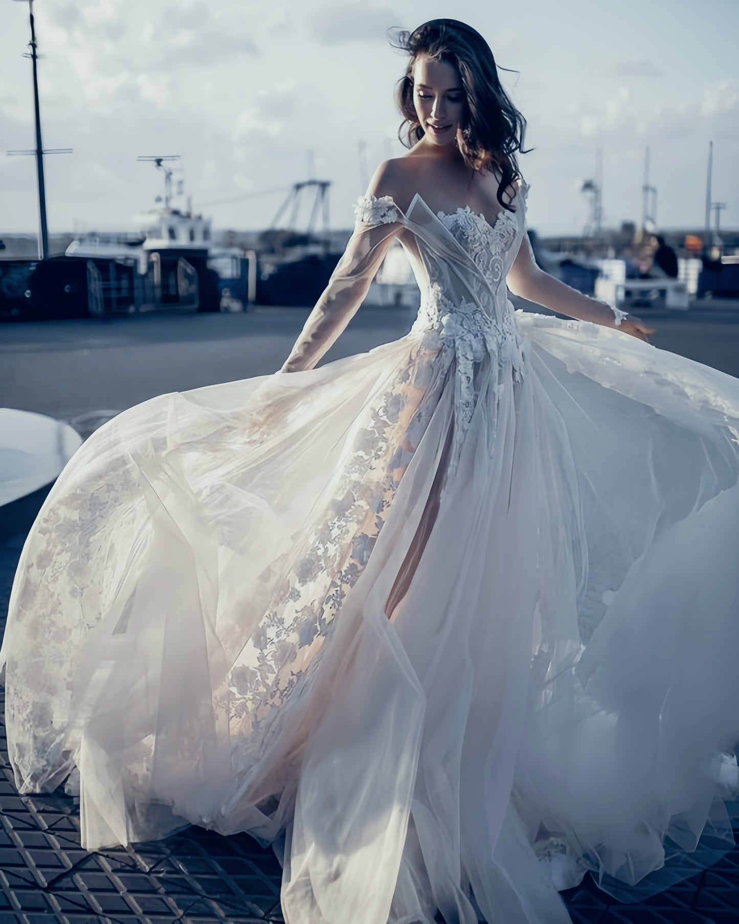 Off The Shoulder White 3D Floral Wedding Dress Boho Wedding Bridal Dress, LTP3400