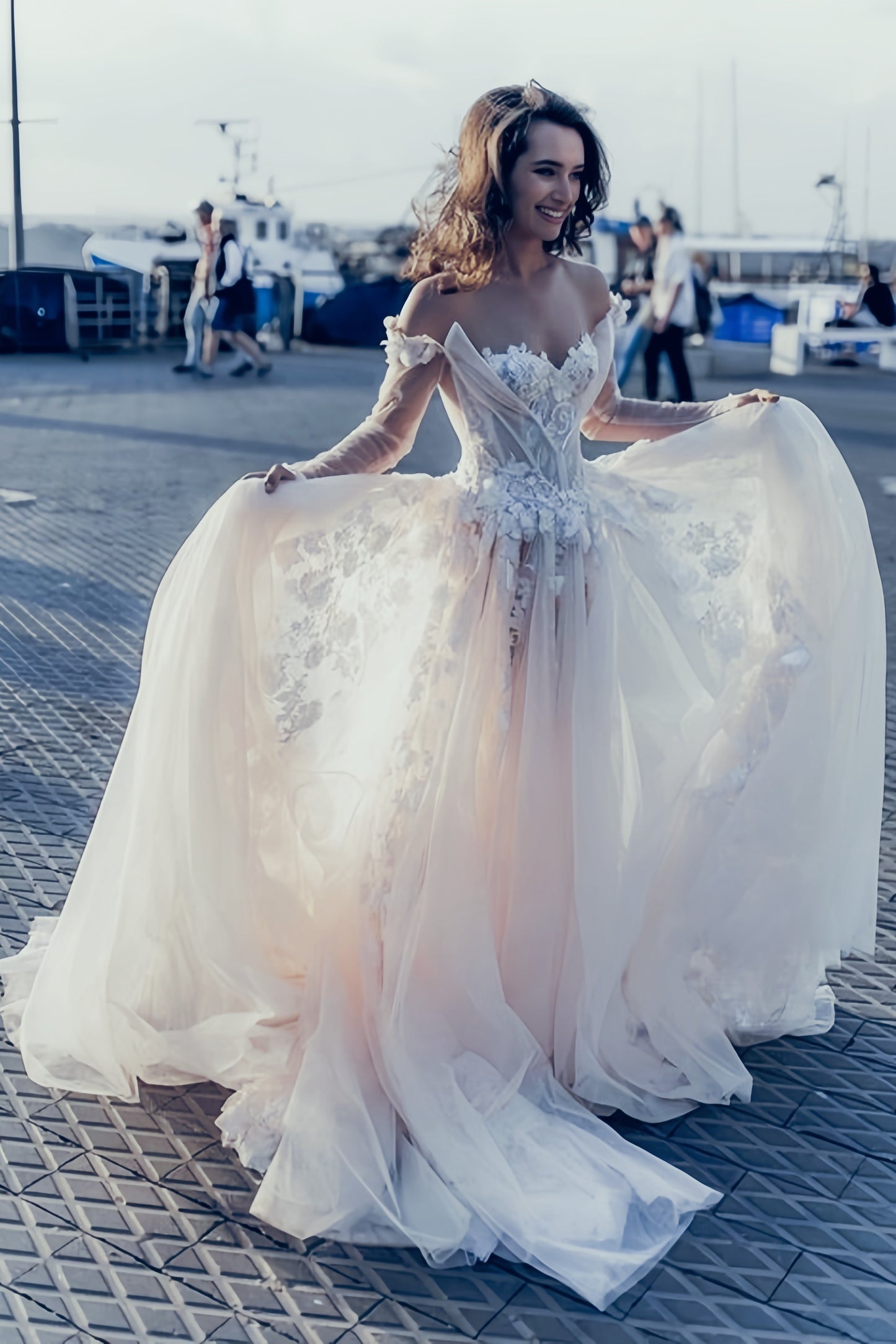 Off The Shoulder White 3D Floral Wedding Dress Boho Wedding Bridal Dress, LTP3400