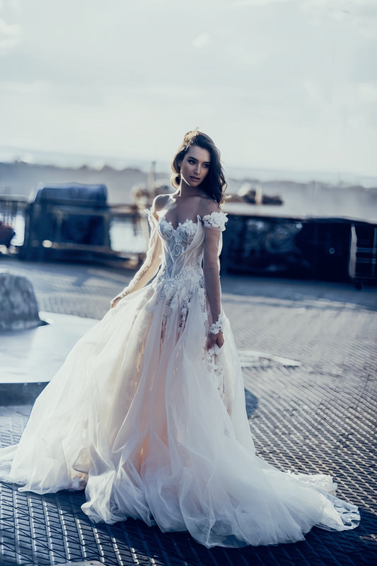 Off The Shoulder White 3D Floral Wedding Dress Boho Wedding Bridal Dress, LTP3400