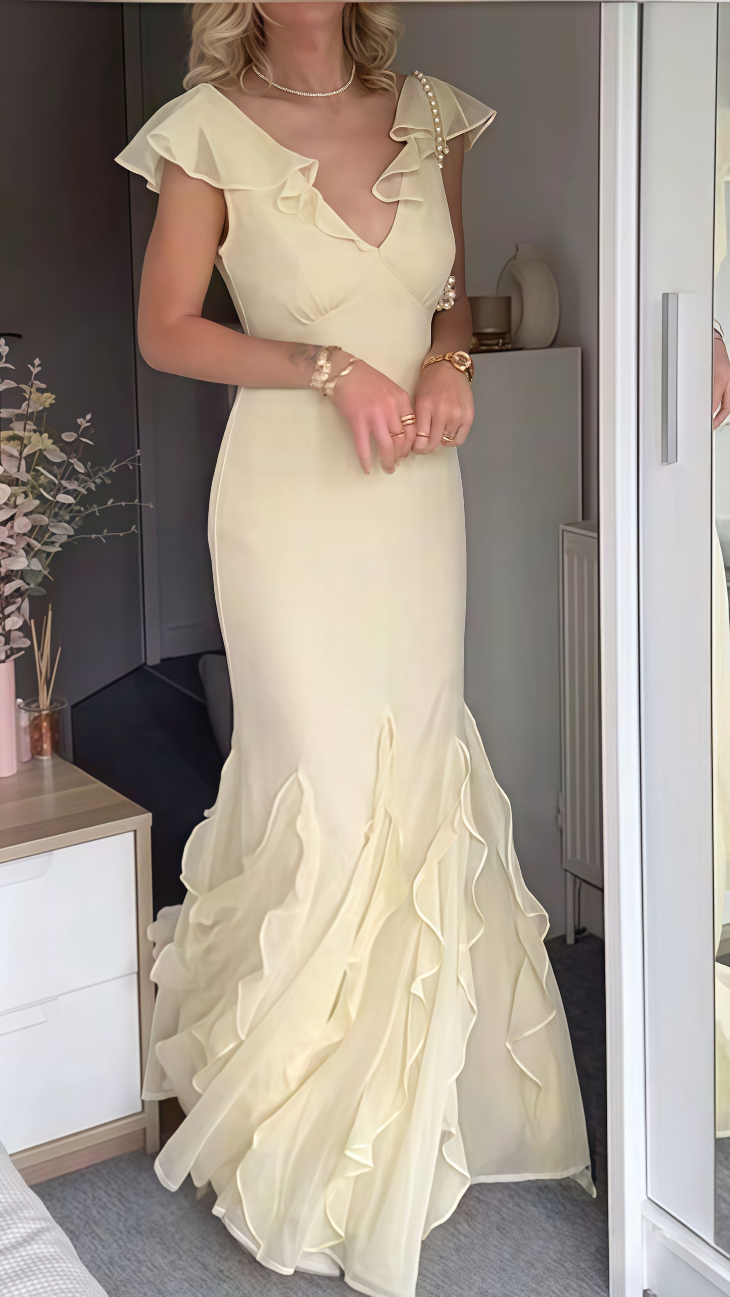 Off White V-Neck Chiffon Prom Dress Ruffle Evening Gown, LTP3500