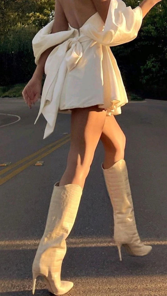 Off The Shoulder Ivory Silk Satin Homecoming Dresses, LTP3228