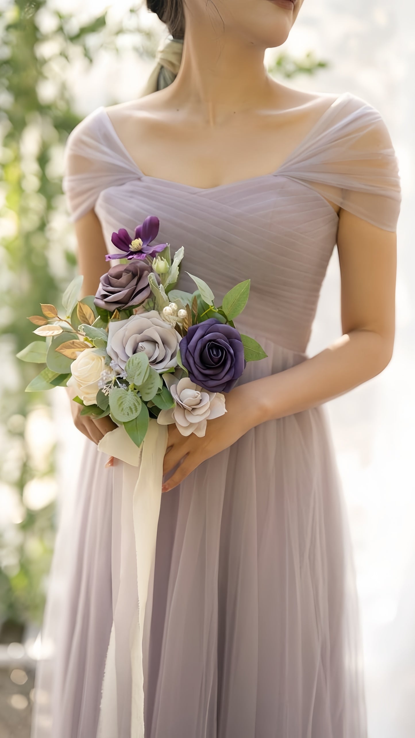 Off The Shoulder Lilac Tulle Party Dress, Pleated Long Bridesmaid Dress,LTP3680