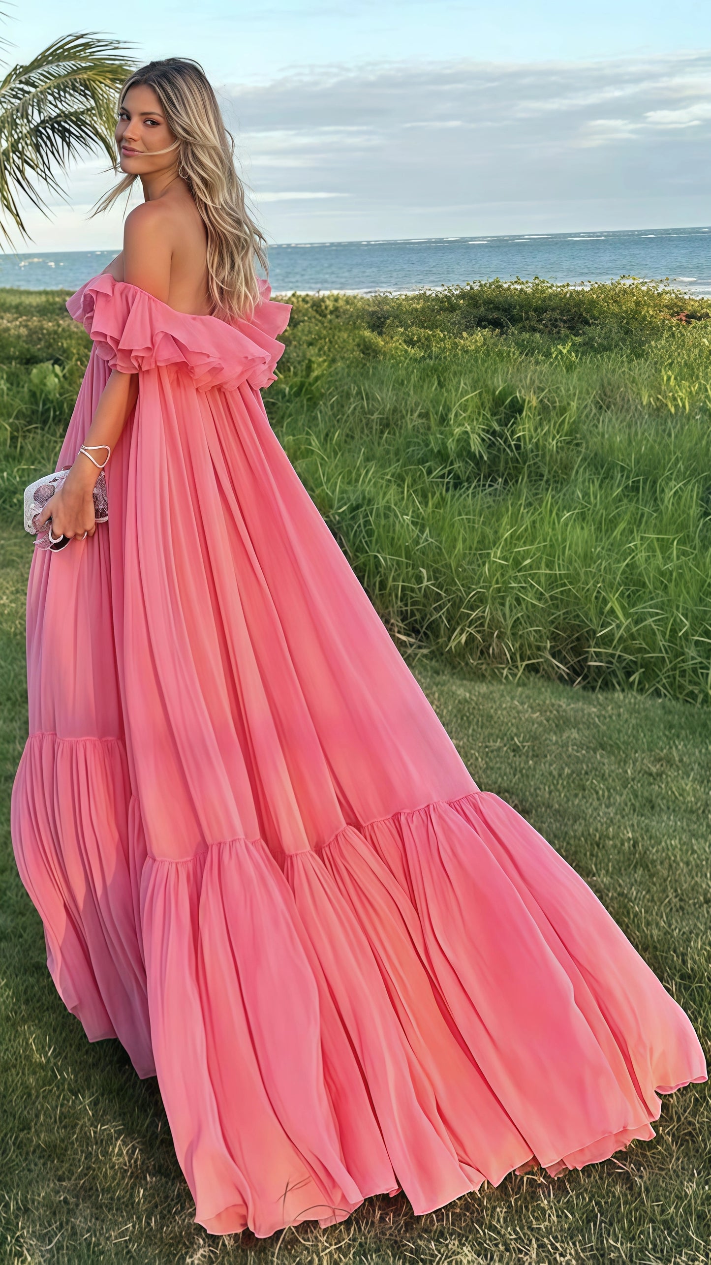 Off The Shoulder Pink Chiffon Party Dress, Puffy Senior Prom Dress, LTP3501