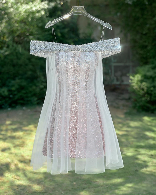 Off The Shoulder Sequin Tight Homecoming Dresses With Tulle Cover, LTP3336
