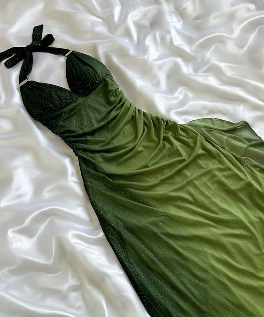 Olive Green Chiffon Prom Dress, Halter Ruffle Party Dress, LTP3507