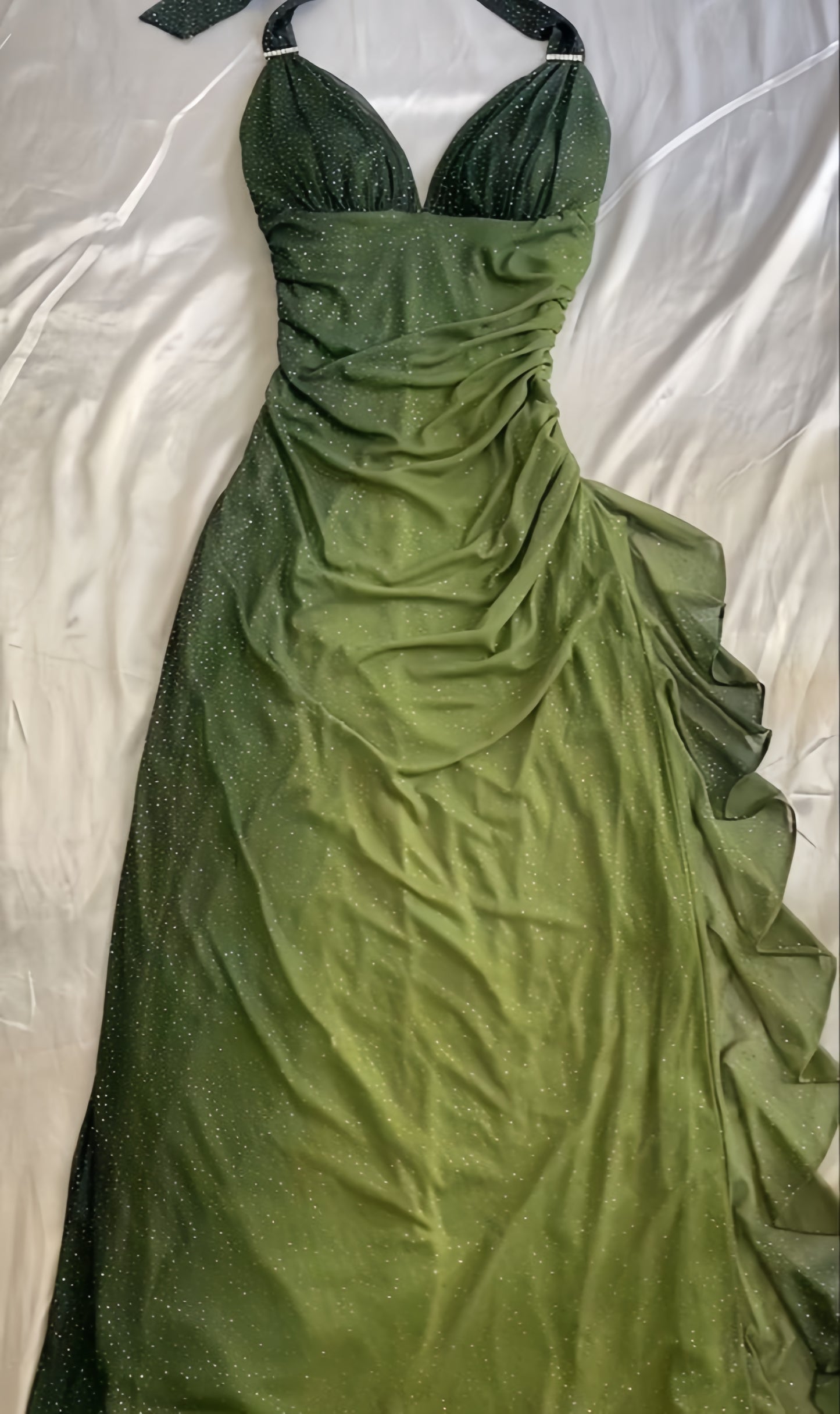 Olive Green Chiffon Prom Dress, Halter Ruffle Party Dress, LTP3507