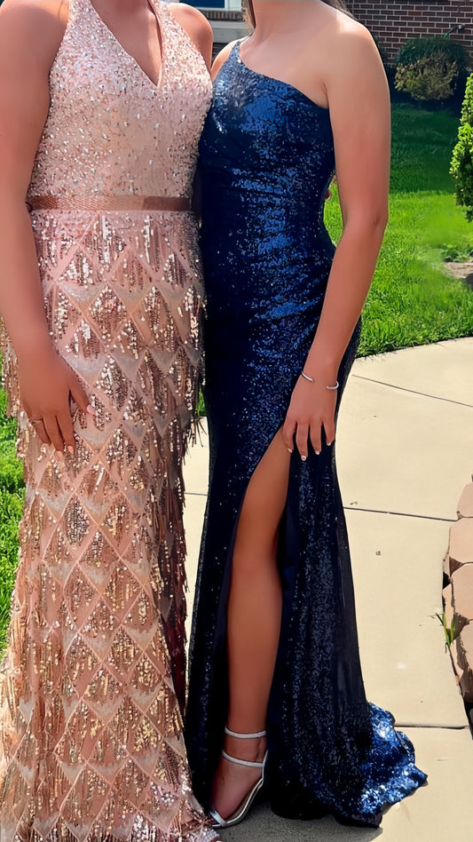 One Shoulder Blue Sequin Long Party Dress, Senior Prom Dresses, LTP3466