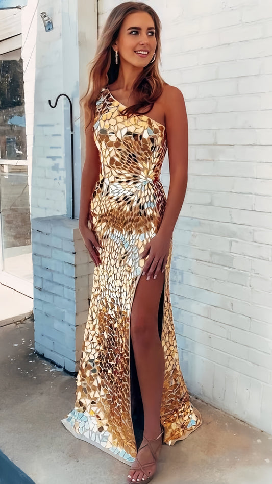 One Shoulder Mirror Glass Party Dress, Mermaid Sleeveless Prom Dress,LTP3533