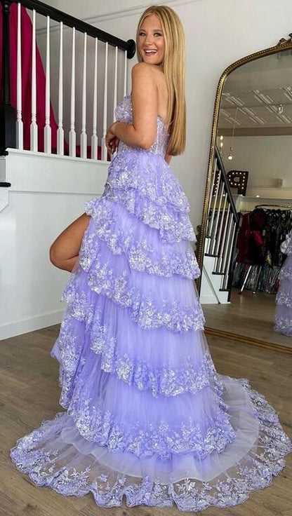 One Shoulder Ruffle Skirt Lace Prom Dress