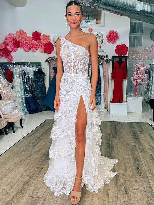 One Shoulder Ruffle Skirt Lace Prom Dress