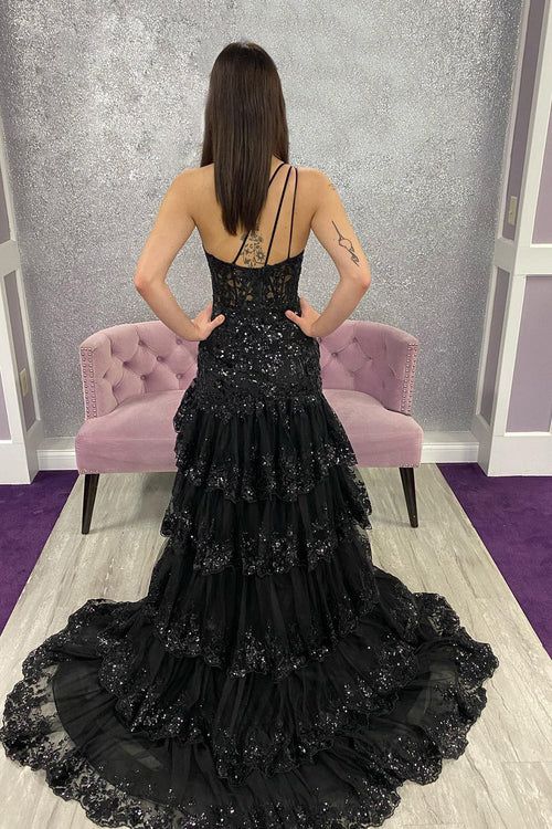 One Shoulder Ruffle Skirt Lace Prom Dress