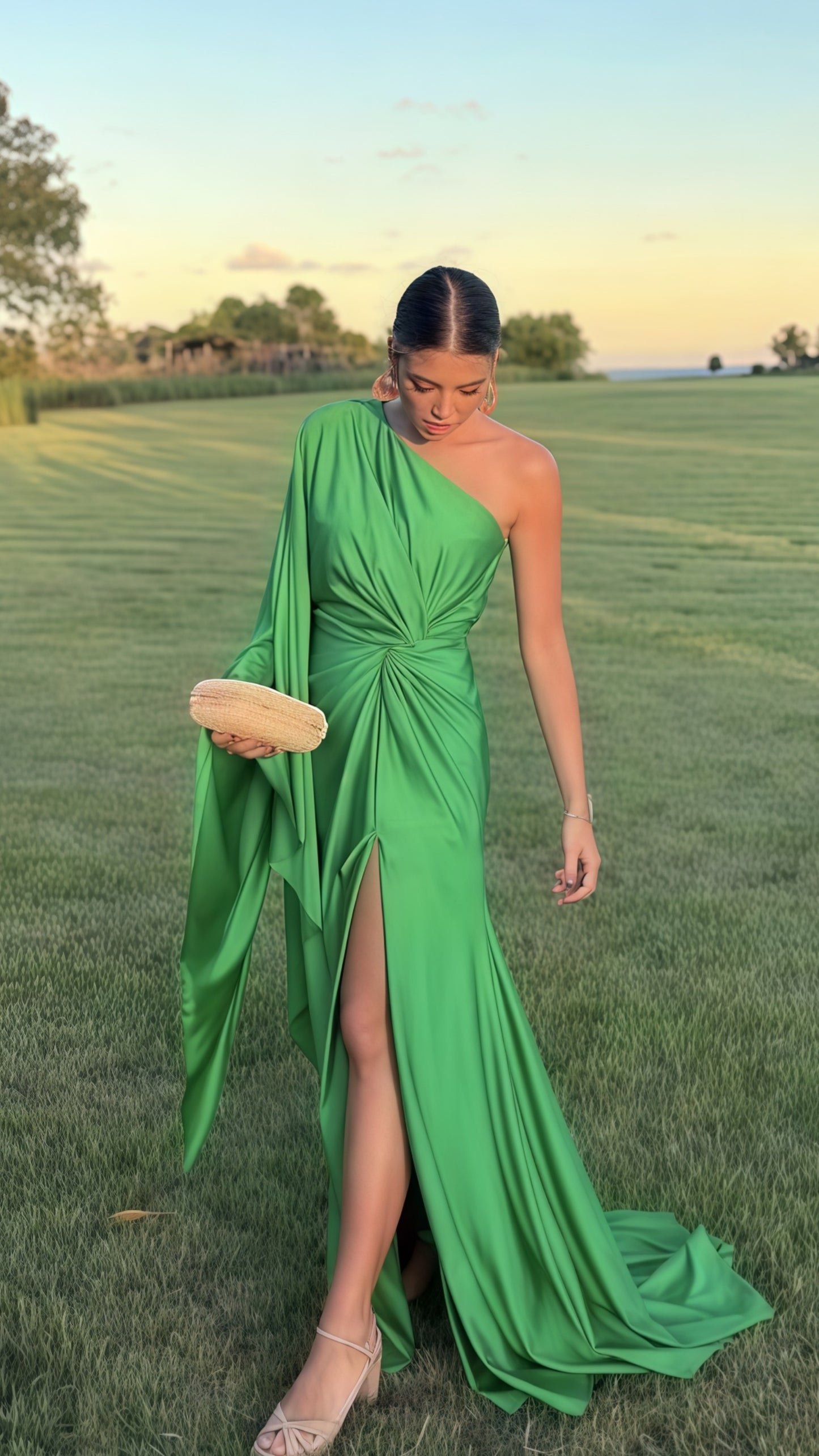 One Sleeves Green Sheath Long Prom Dress With Sweep Train,LTP3533