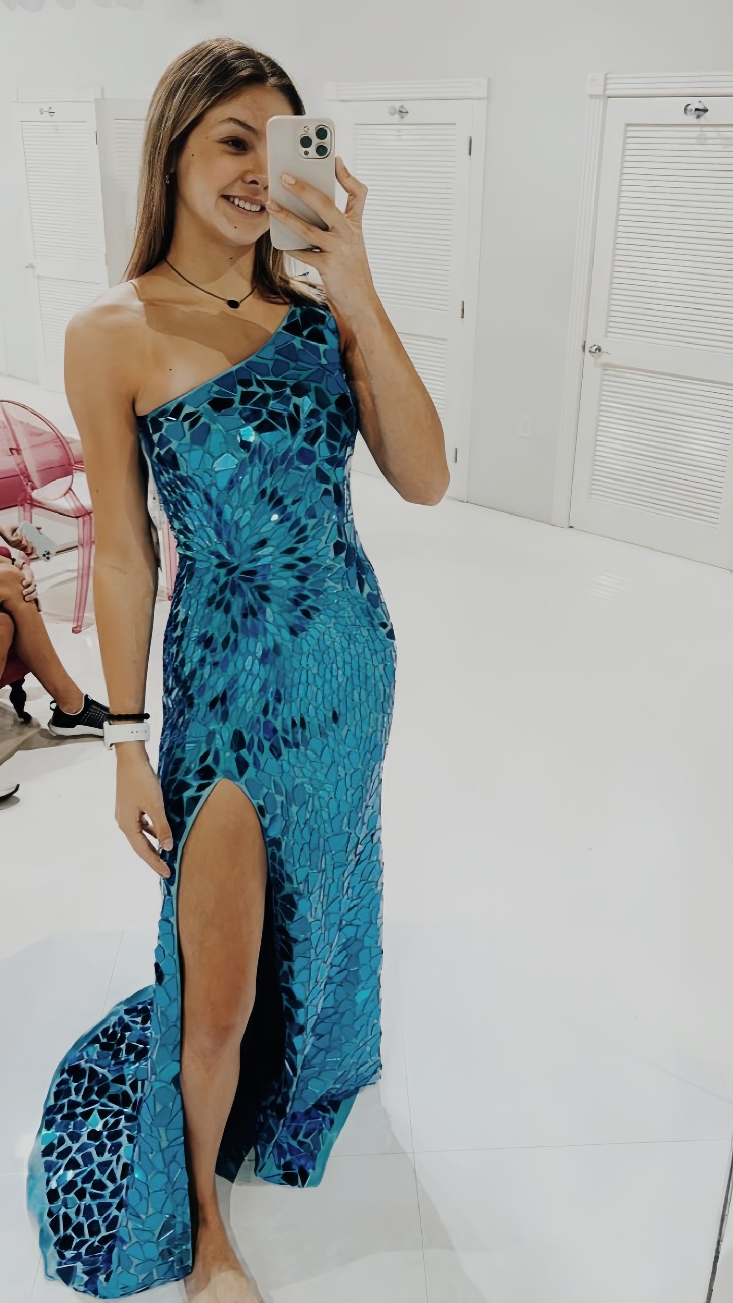 One Shoulder Mirror Glass Party Dress, Mermaid Sleeveless Prom Dress,LTP3533