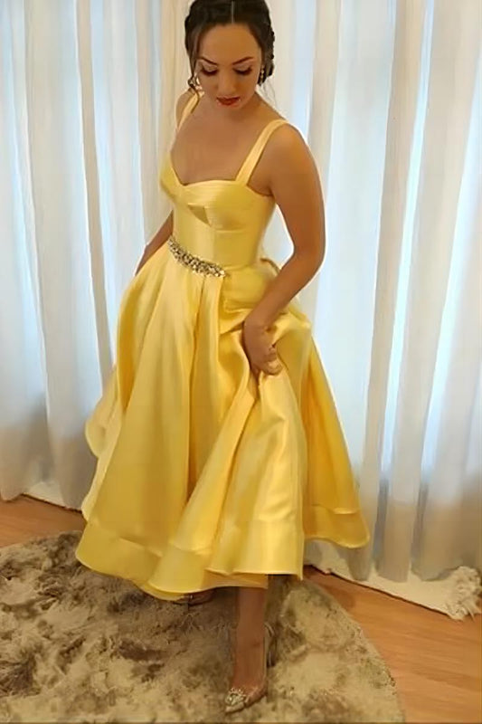 Yellow A-Line Satin Homecoming Dresses Tea Length Celebrating Dress with Beaded Belt