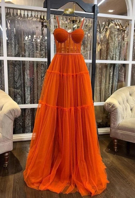 Orange A-line Tulle Prom Dresses Long Evening Party Dress Sweetheart Full Length Event Dress,LTP4336