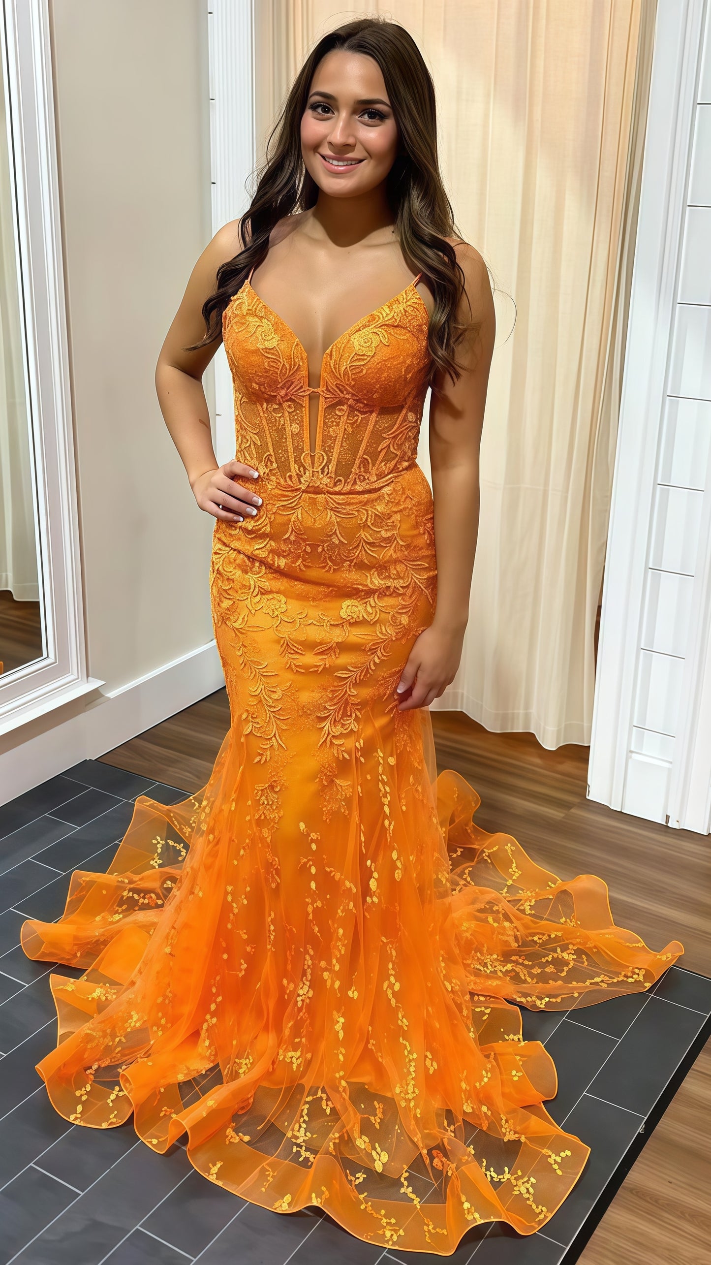 Orange Mermaid Senior Prom Dress With Appliques Lace, LTP3494
