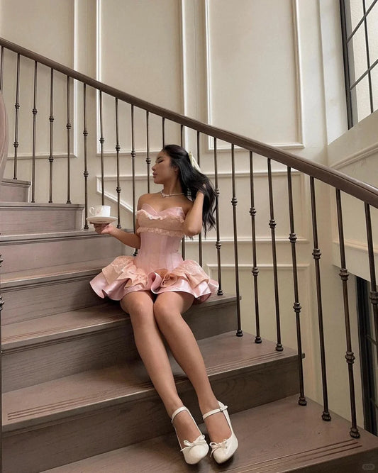Princess Pink Strapless Sweetheart Neck Satin A-Line 17th Birthday Homecoming Dress LTP82588