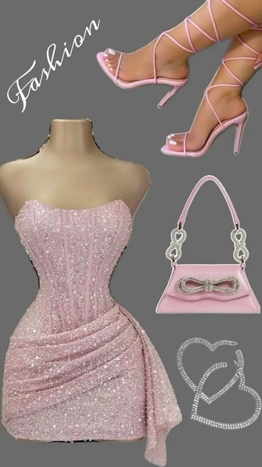 Cute Pink Sleeveless Sequined Slim Fit Hip 17th Birthday Homecoming Dress LTP82587
